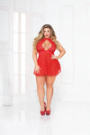 Seven til Midnight 2PC Red Floral & Transparent Mesh High Halter Neck Babydoll Set - SIZE 1X/2X